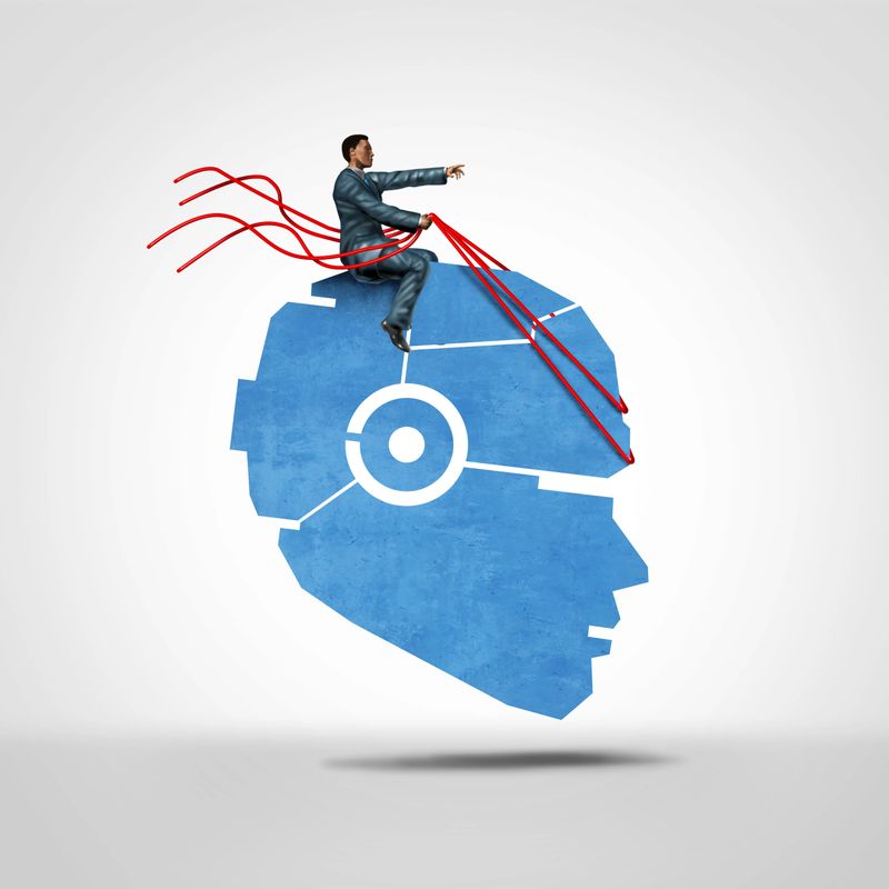 Managing AI and Human Robot synergy or Robotic Automation guded by Humans as technology advances needing controls and oversight to Artificial intelligence as a manager or supervisor controlling advanced computer thinking.