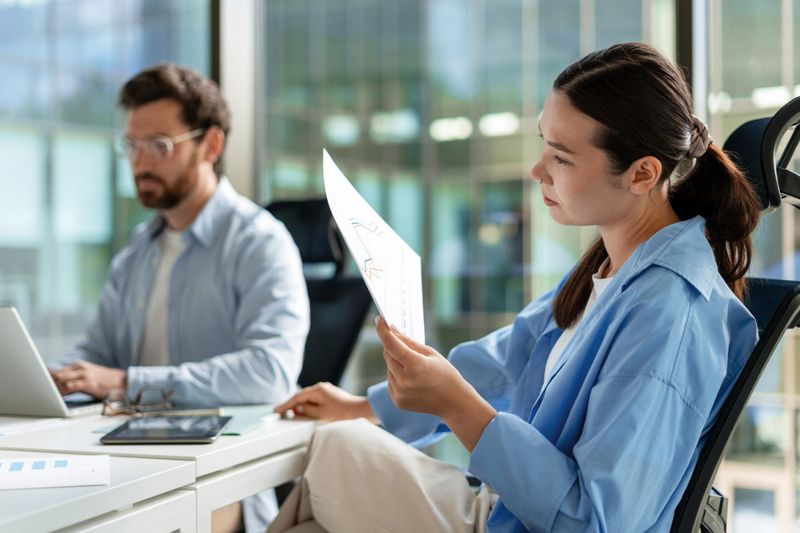 Young businesswoman analyzing financial report in modern office while her colleague is working in the background