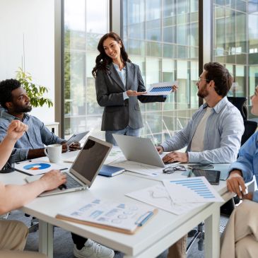 Businesswoman presenting data to colleagues in a meeting.