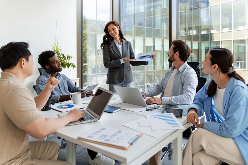 Businesswoman presenting marketing data and analysis to colleagues during a meeting in a modern office, fostering teamwork and collaboration