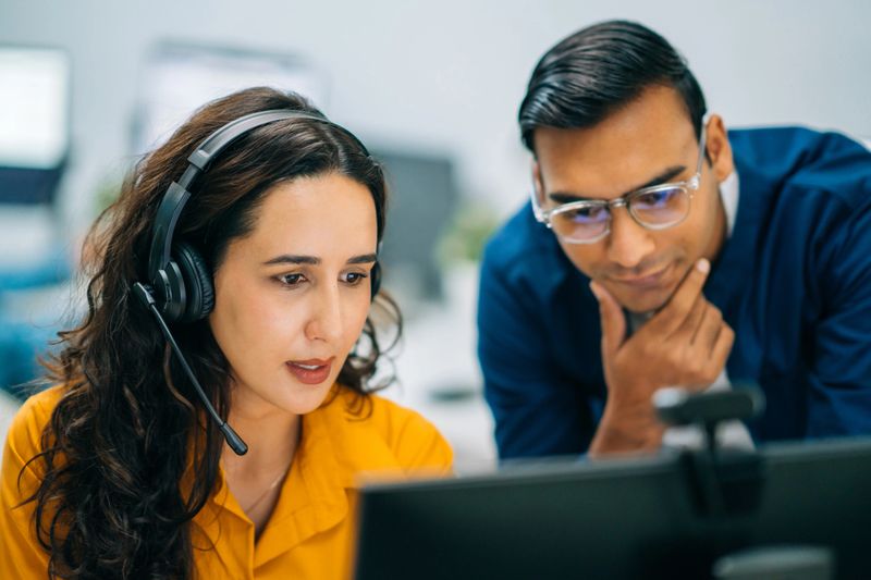 Customer Support Agents Reviewing Data on Computer Screen Together