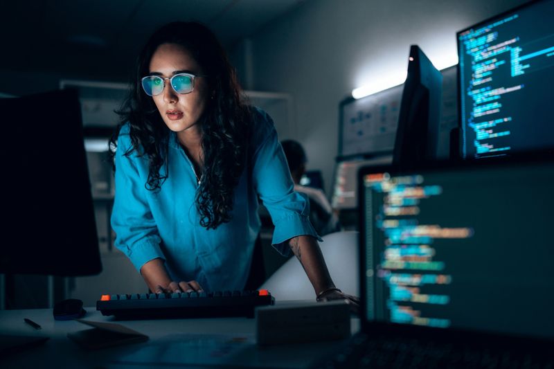 Hispanic Female software developer coding at night in office