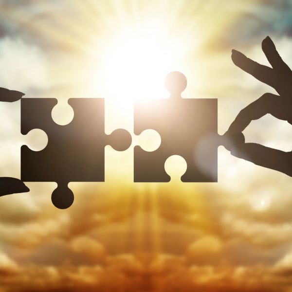 Hands holding puzzle pieces against a bright sunset.