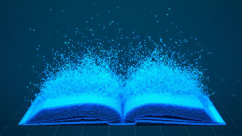 An open book dissolves into a network of glowing blue particles against a dark background. Concept for digital transformation, online education, and information technology.