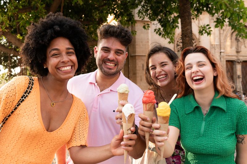 Four young adult friends laughing and enjoying ice cream cones together on a sunny day during their vacation