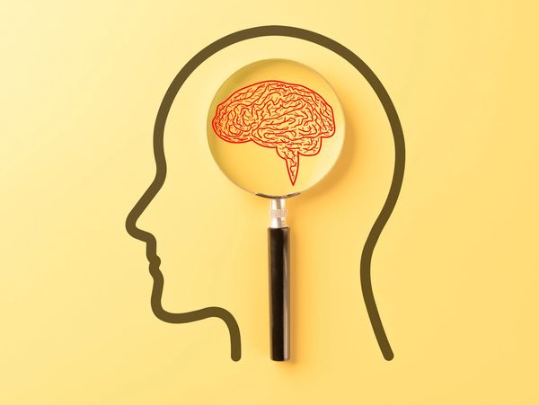 Magnified brain inside a head silhouette with a magnifying glass on a yellow background.