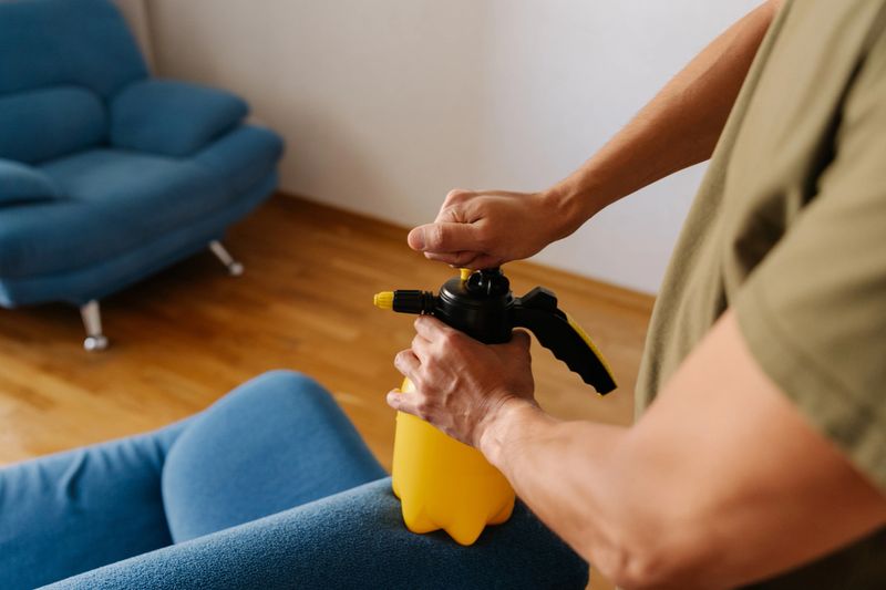 Close-up of cleaning service worker disinfecting blue sofa with yellow and black spray bottle, wearing casual clothes, inside home environment. Concept of cleanliness and housekeeping.