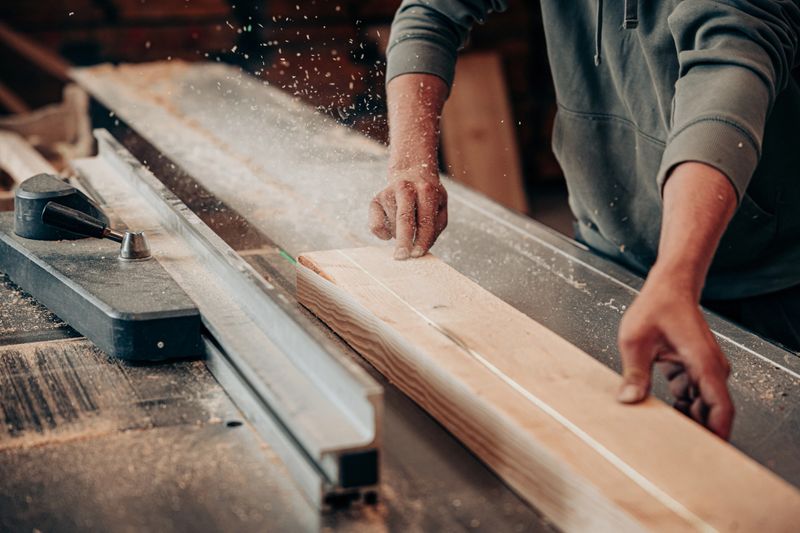 A carpenter guides a wooden plank through a table saw, ensuring a straight and precise cut in a well-equipped woodworking workshop filled with tools and timber