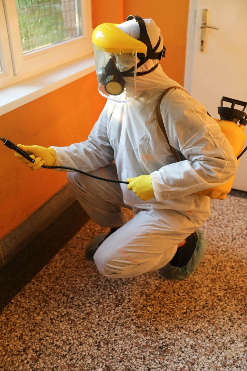 Mature Male Worker Wearing Full Protective Gear While Disinfecting Indoor Area to Ensure Public Health and Safety, Holding a Sprayer in Brightly Lit Hallway
