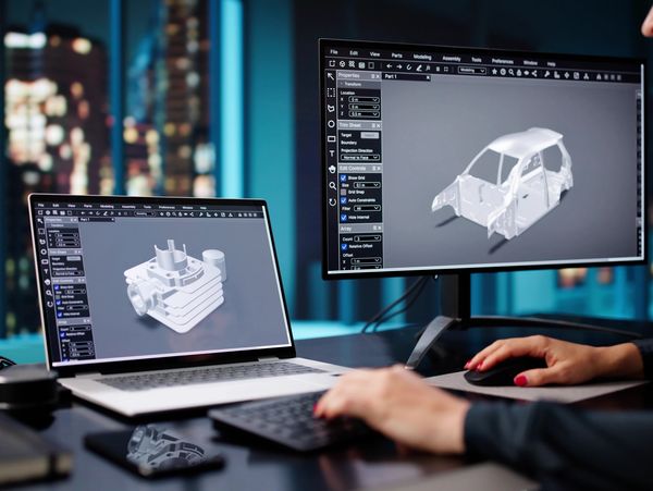 Engineer working on 3D car and engine models using CAD software on dual monitors.