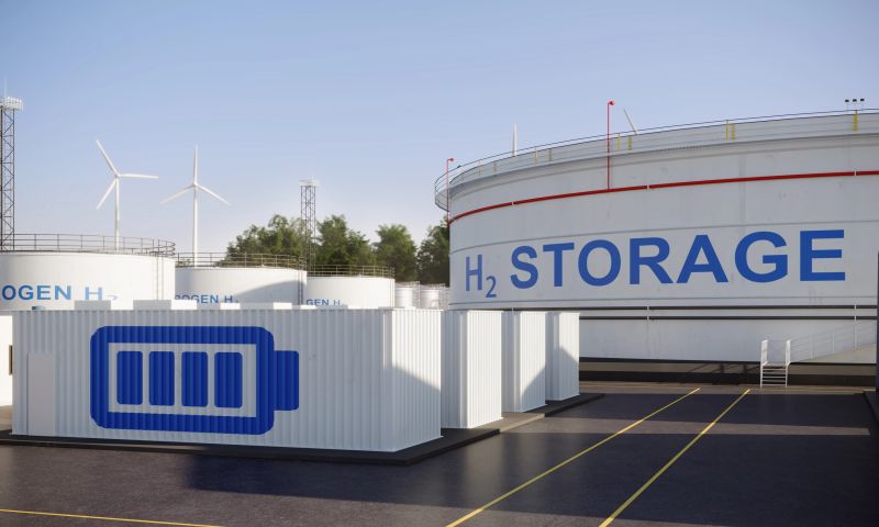 A modern hydrogen storage plant featuring integrated battery containers and wind turbines. (3d render)