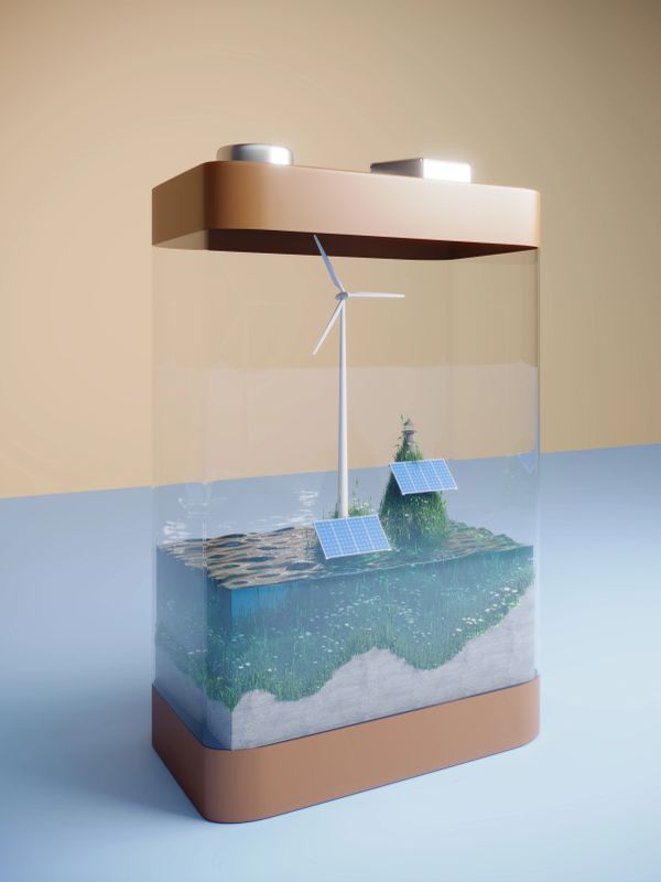Batería con miniatura de energías renovables en su interior.