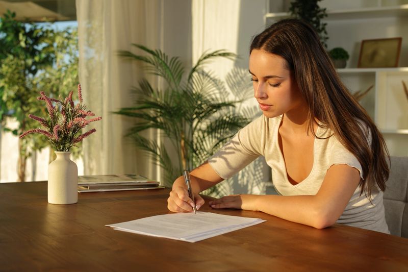 Homeowner signing paper contract on wooden table at sunset in a house interior