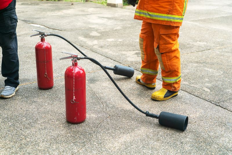 A fire safety training session showcasing individuals practicing with fire extinguishers. Emphasis on emergency preparedness and proper handling techniques.