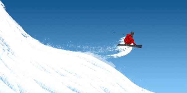 Skier in red jacket airborne on snowy slope against blue sky.
