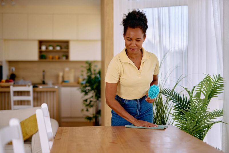 Mid adult woman is cleaning the dining table with a microfiber cloth in a modern, bright apartment, ensuring a spotless and hygienic living space