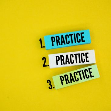 Three colorful blocks with the word PRACTICE numbered 1, 2, and 3 on a yellow background.