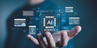 A hand presenting a digital interface with AI Agents and data visuals.