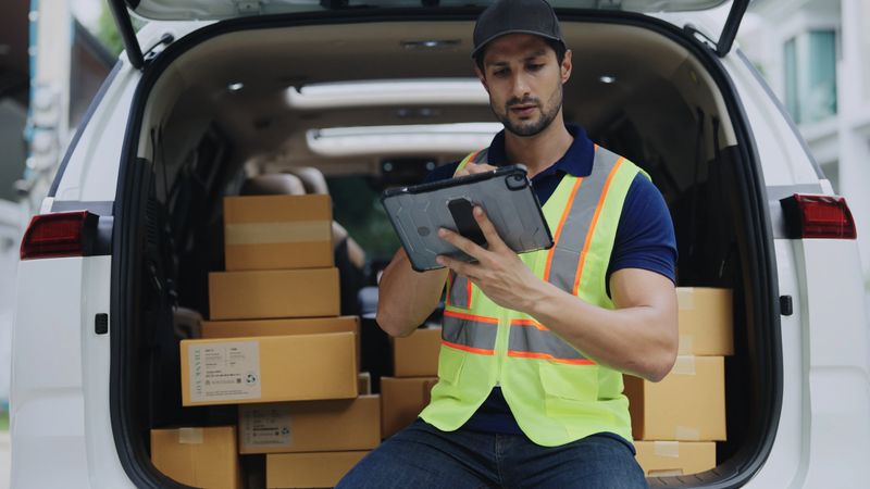 Delivery man  wearing blue polo checking digital tablet for cardboard box package tracking details to delivery  ,courier logistics and courier service process