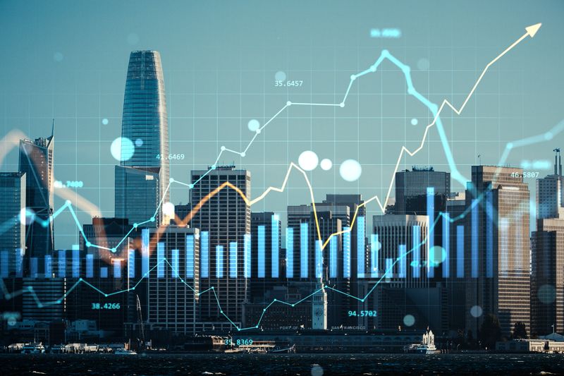 San Francisco skyline with business data charts overlay, modern cityscape background, concept of real estate growth and commercial investing