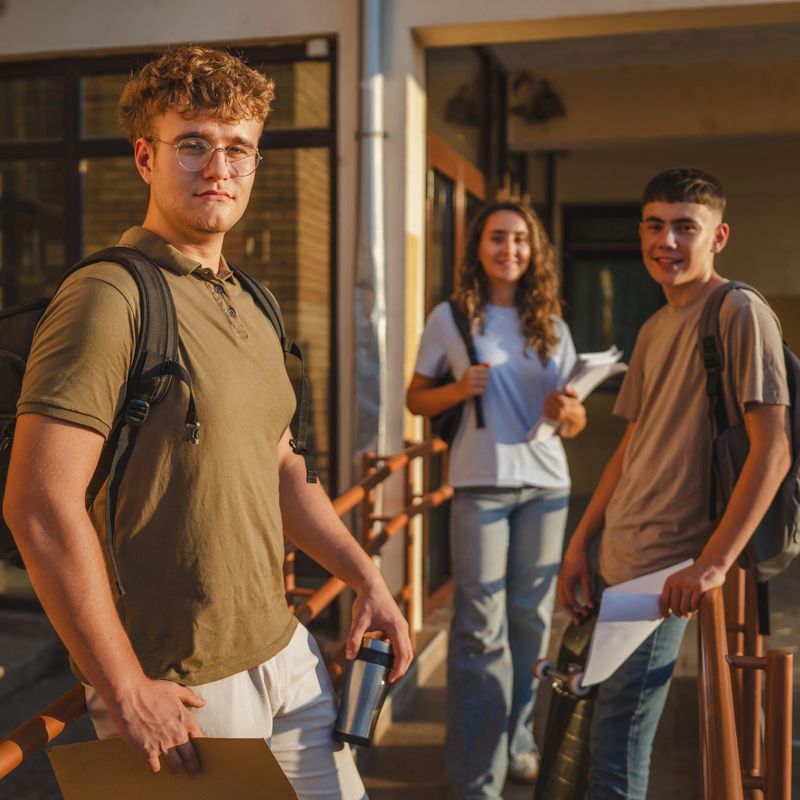 Three high school students with backpacks and books are standing outside their school building on a sunny day, enjoying the warm weather and preparing for their classes