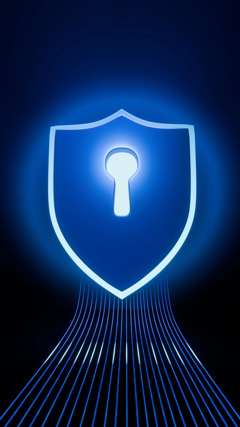 Futuristic cybersecurity shield glowing with digital light against dark background for technology concept 3D Rendering