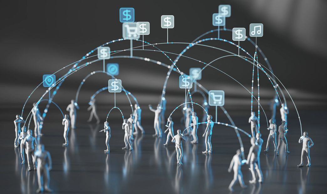 3D figures connected by digital icons representing online transactions and social interactions.
