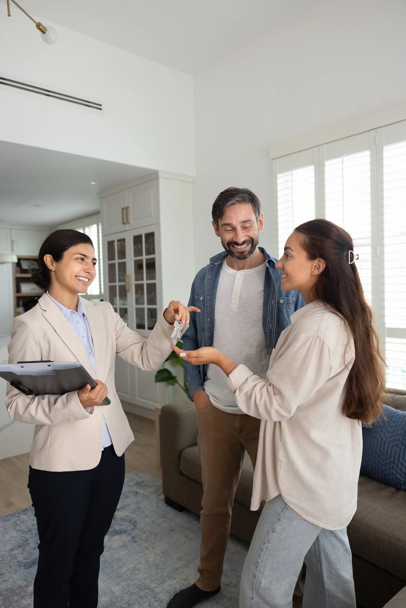 Young professional real estate agent woman hands over keys to pretty Latin spouses, stand in cozy living room, finalize meeting. Acquisition of new or secondary housing, property transaction, real-estate deal