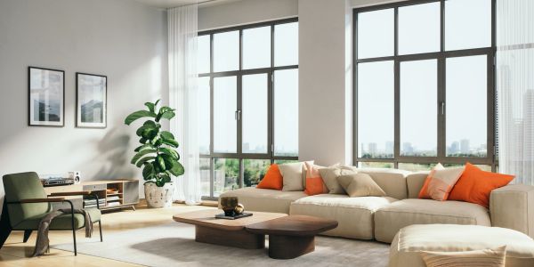 Bright living room with large windows and beige sofa.