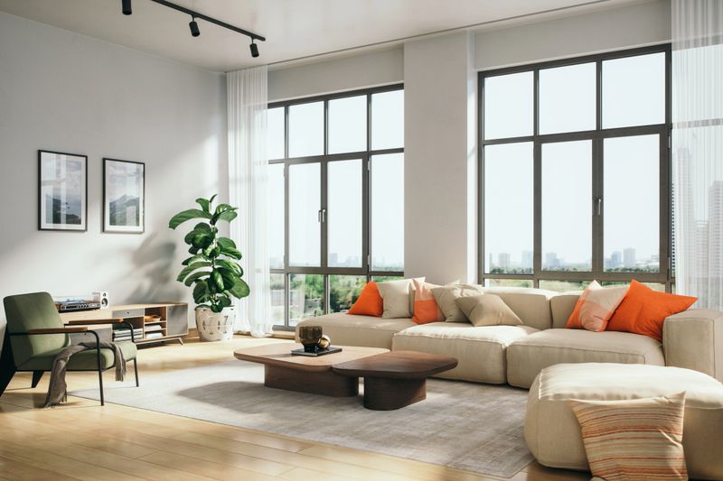 Spacious living room featuring a white sectional sofa with orange accent pillows, a low wooden coffee table, and floor-to-ceiling windows with sheer curtains.