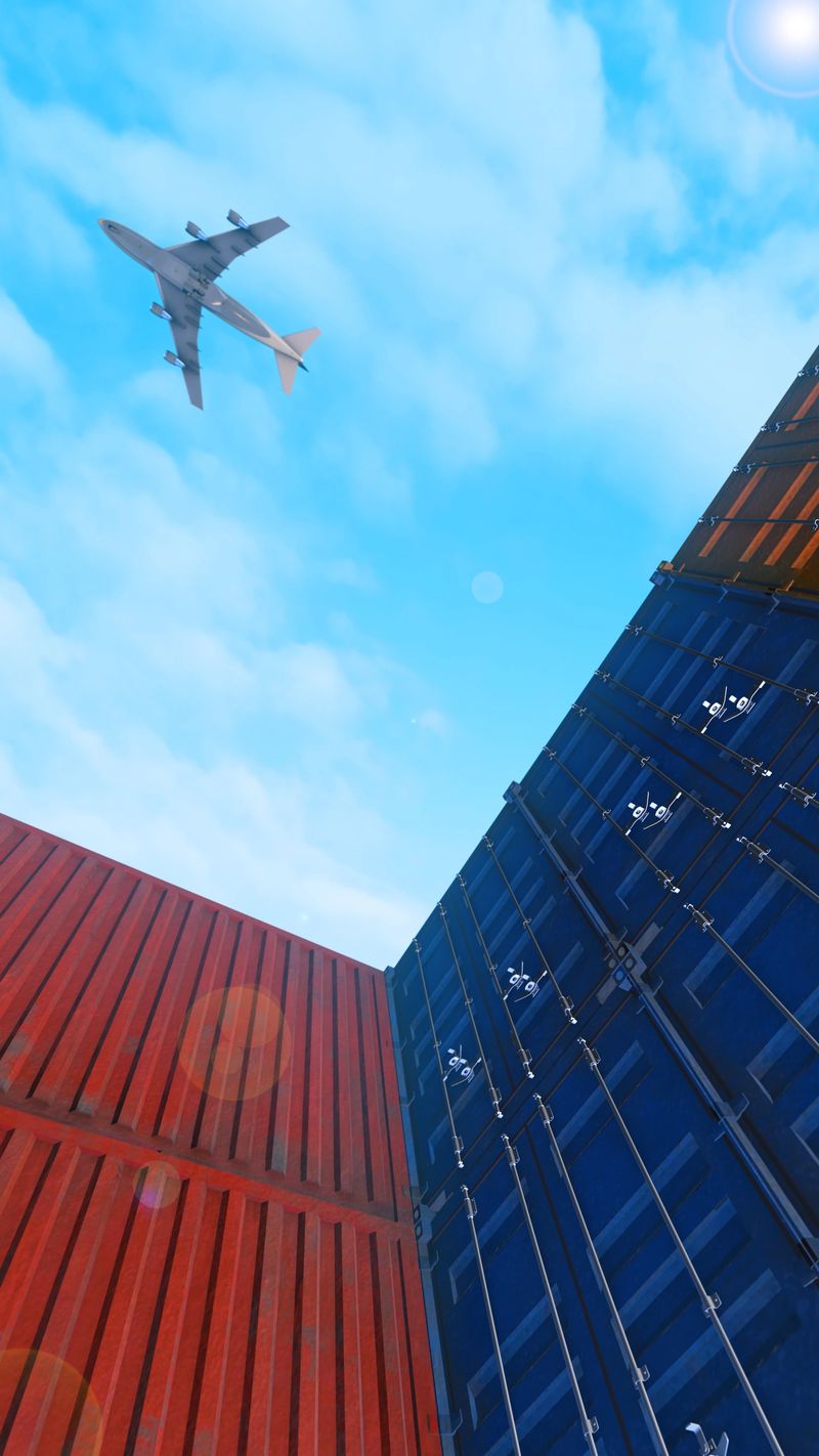 This image features a commercial airplane flying above towering stacks of red and blue shipping containers in a busy dockyard under a partly cloudy blue sky. The scene represents the connection between air freight and maritime shipping in modern global logistics, international trade, and supply chain networks. Perfect for illustrating import/export operations, worldwide transportation systems, and the integration of aviation and shipping industries.