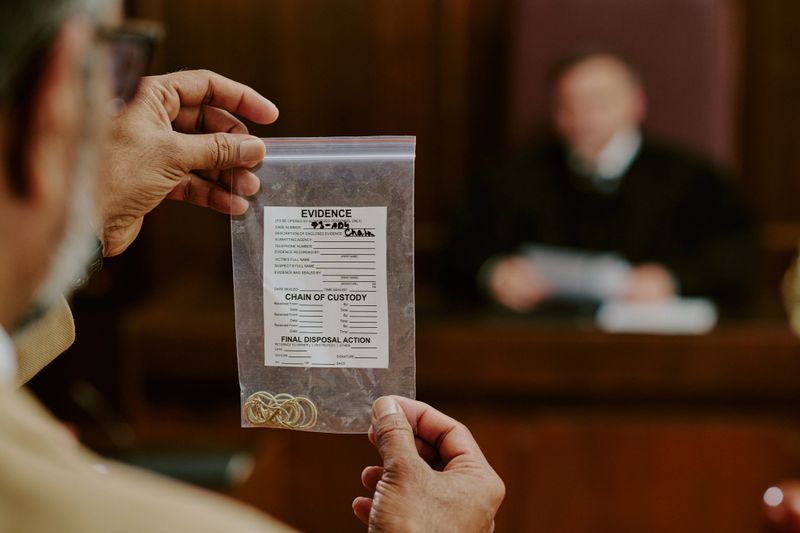 Middle aged Black man holding transparent evidence bag with gold rings in courtroom, judge sitting in background, focusing on chain of custody label and legal process