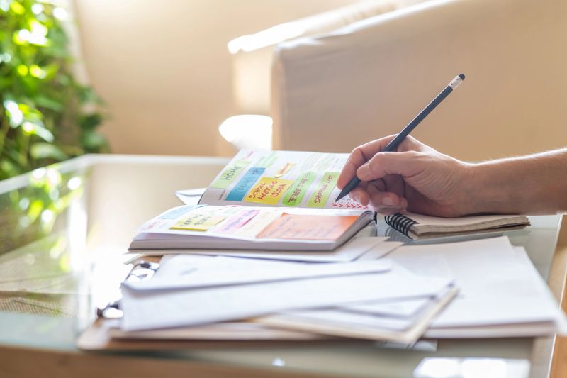 Woman planning her schedule by writing appointments and tasks in her agenda with sticky notes and a pencil, ensuring effective time management and organization