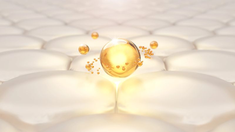 Golden Vitamin C and caffeine serum drop on skin cells, showing antioxidant and energizing effects. Concept for revitalizing skincare ads. 3D illustration.