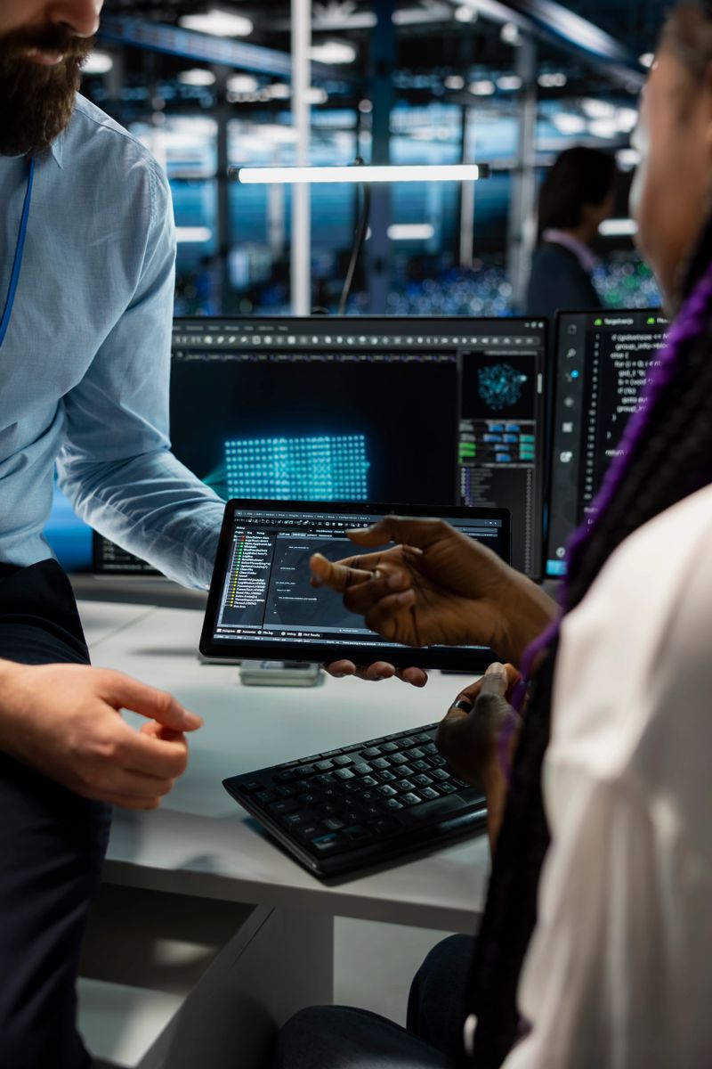 Close up of computer scientists coding on tablet in data center, updating AI automation scripts. Coworkers in server room programming artificial intelligence algorithms, debugging rigs