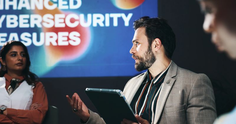 Forum, tablet and business people on a stage with presentation for enhanced cybersecurity measures. Digital technology, conference and compliance managers with data encryption policies at seminar.