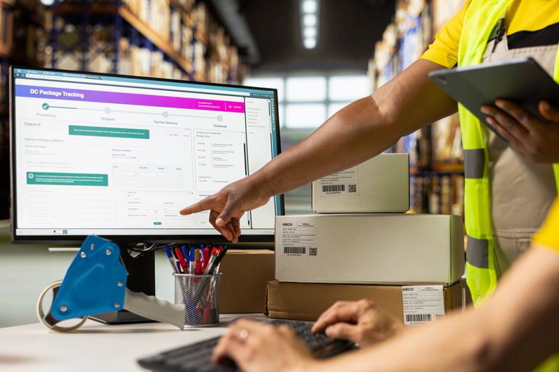 Fulfillment center workers managing shipment tracking systems, examining the shipping route on package tracking software in industrial stock room. Monitoring parcel status on computer.