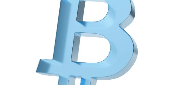 3D blue Bitcoin symbol on white background.
