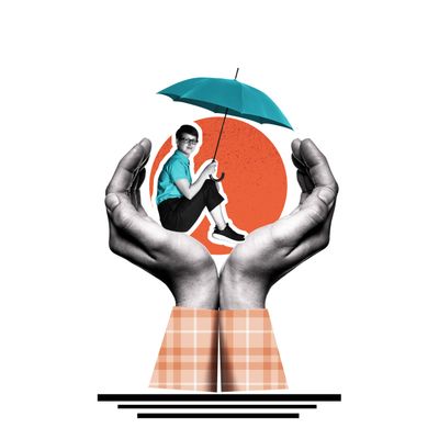 A person with an umbrella sitting between two large hands protecting them.
