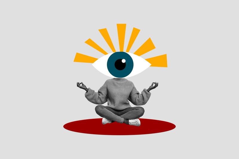 Composite creative art collage of headless girl do yoga retreat practice zen eyeball stare control isolated on painted background.