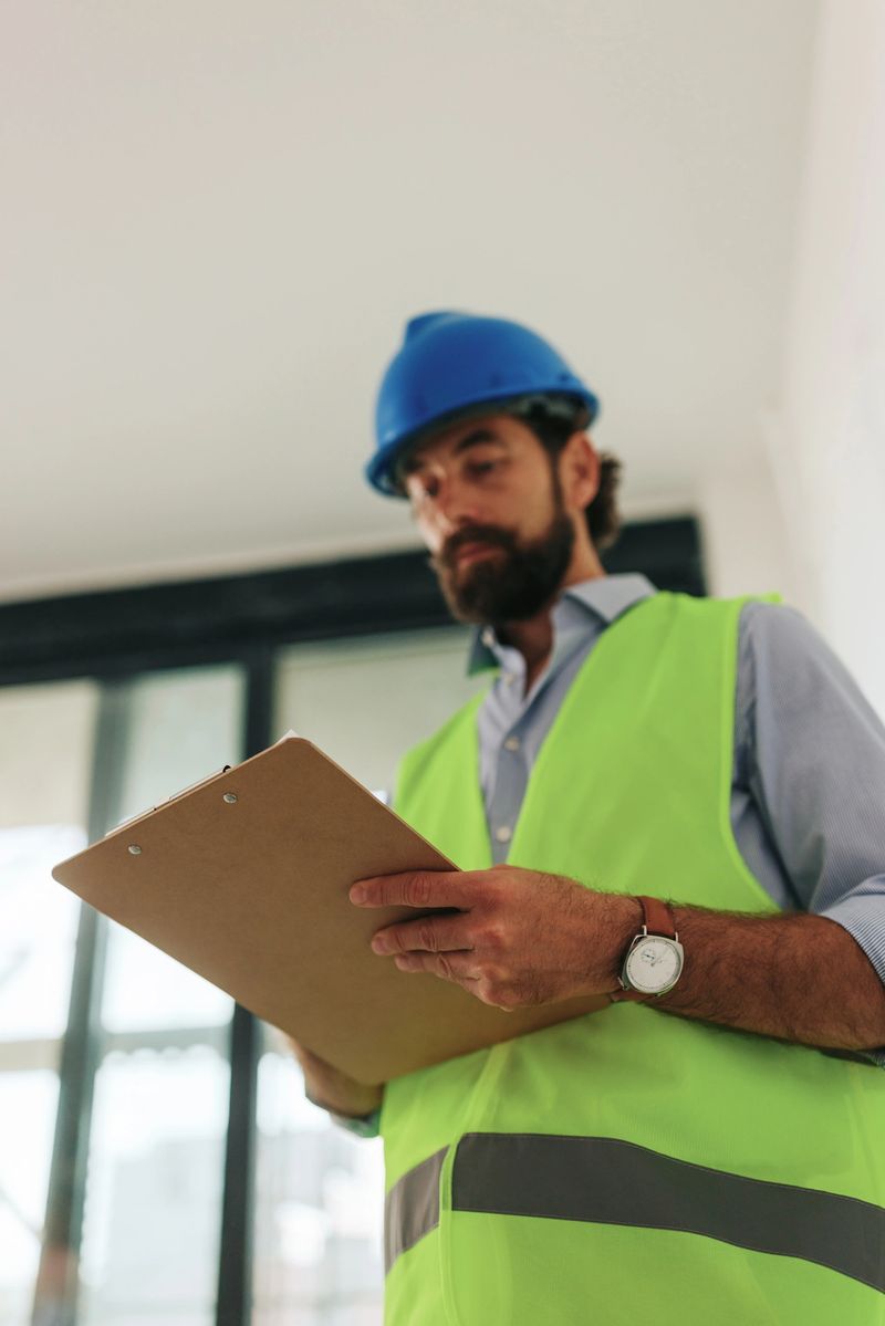 Construction engineer wearing a safety vest and helmet, diligently checking building plans and inspecting details with a clipboard