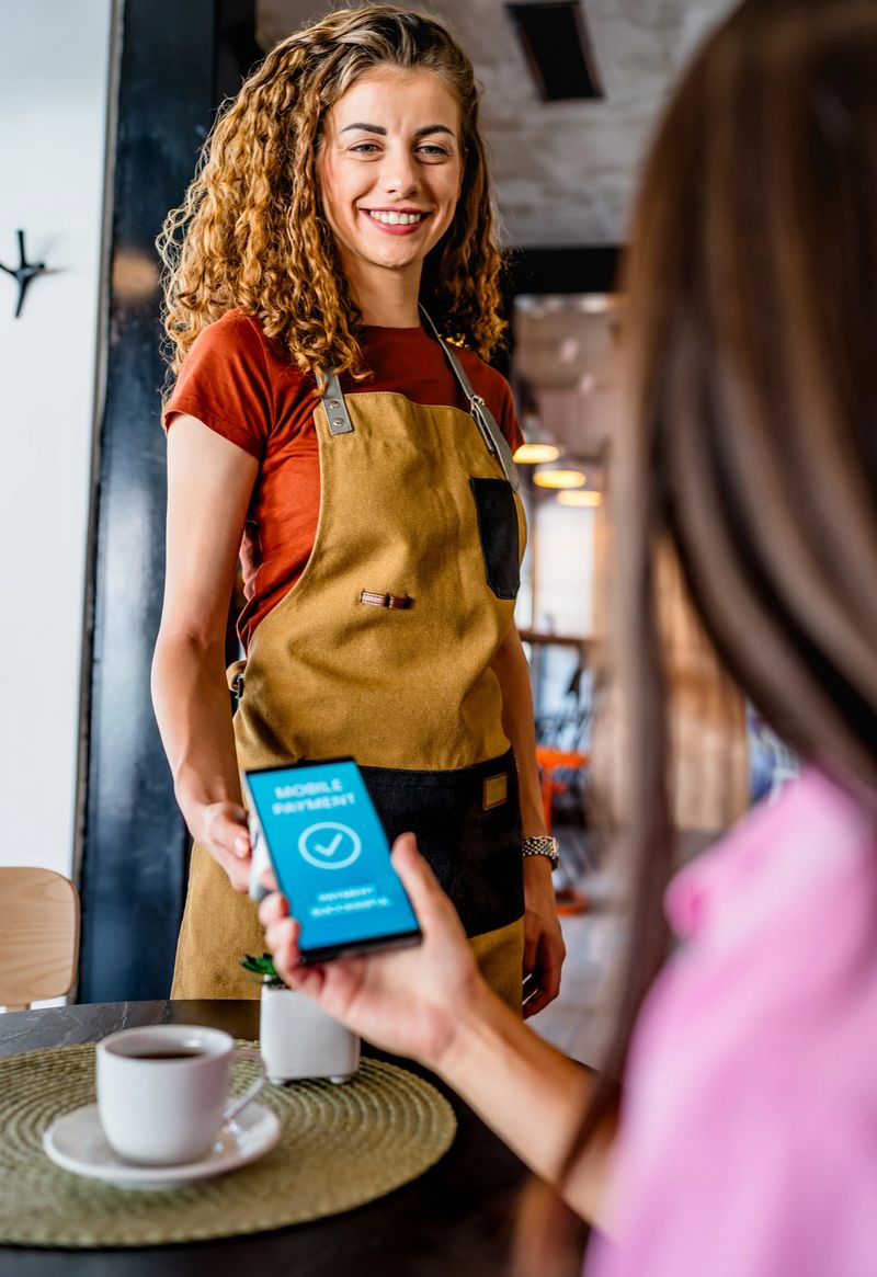 Customer making a mobile payment in a modern cafe, enjoying coffee while interacting with a friendly waitress in a stylish interior