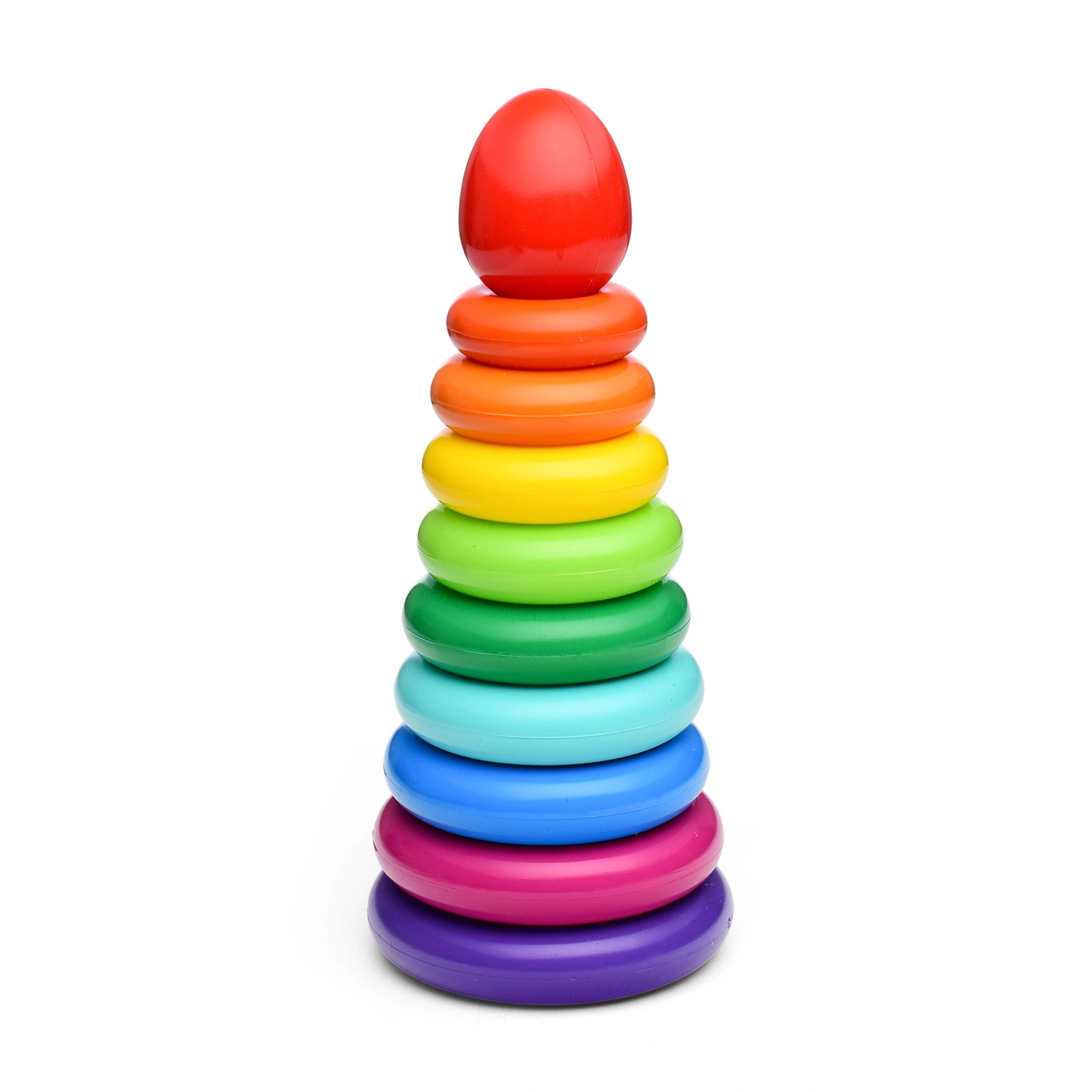 Colorful stacking toy with rings and a red egg on top.