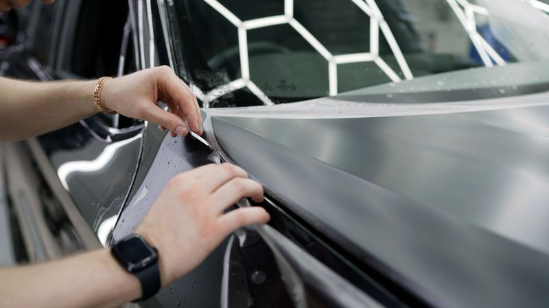 Professional automotive detailer carefully applying transparent protective film on car hood using squeegee, demonstrating precision vehicle maintenance technique in workshop setting