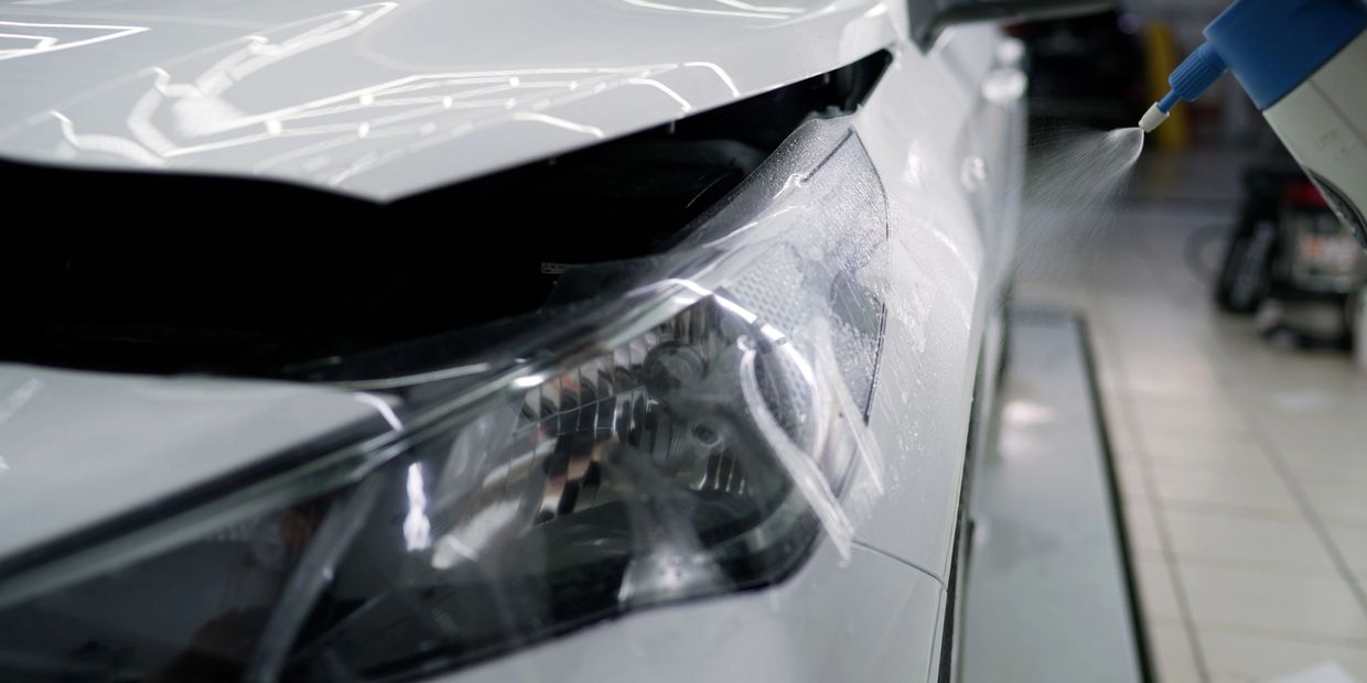 Spraying protective film on a car's headlight and hood.