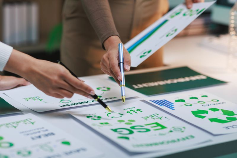 Businesswomen analyzing esg strategy, focusing on environmental and social factors for sustainable business practices
