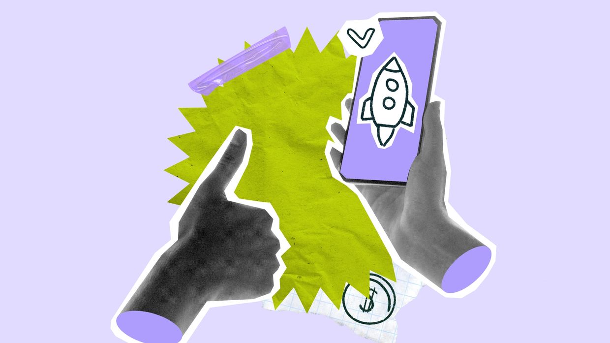 Thumbs up and rocket image on smartphone screen.