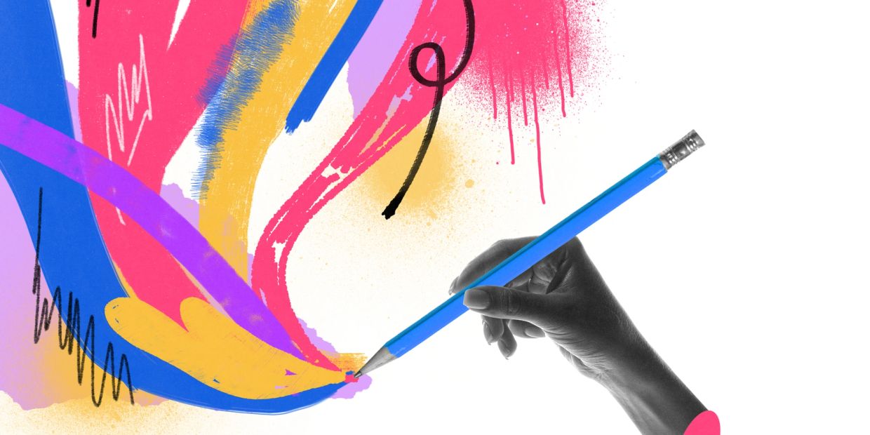 A hand holding a pencil creating colorful abstract art strokes.