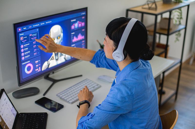 Woman interacting with artificial intelligence through computer interface