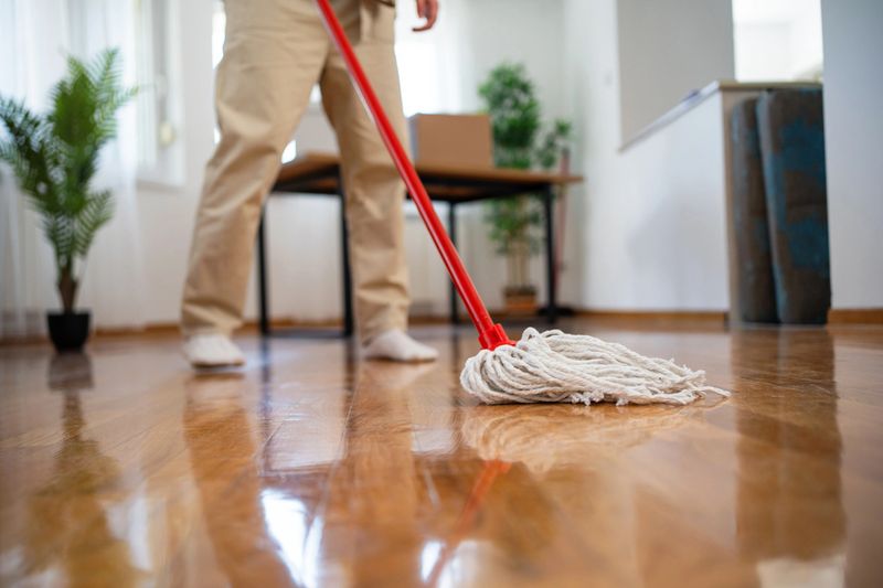 A detailed view of a mop cleaning a wood floor, emphasizing cleanliness and order. The home interior, natural lighting, and a focus on the cleaning routine highlight a crisp and organized environment.